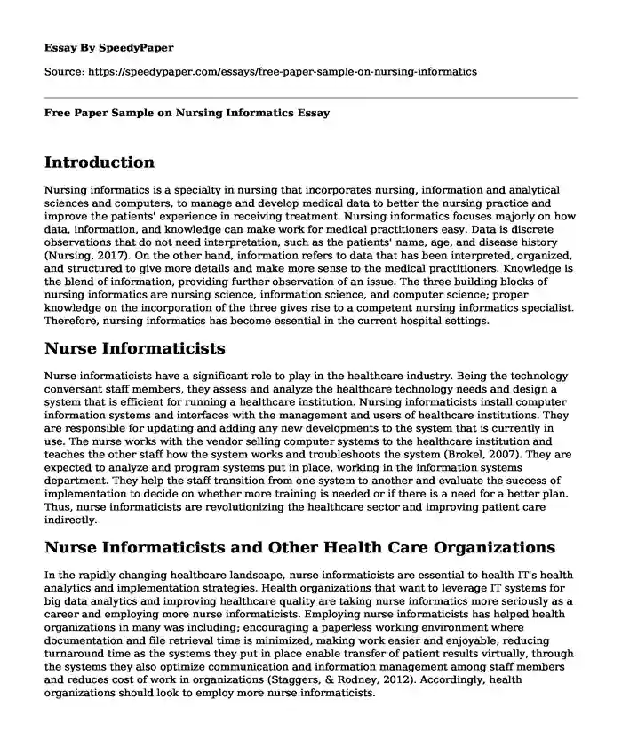 Free Paper Sample on Nursing Informatics