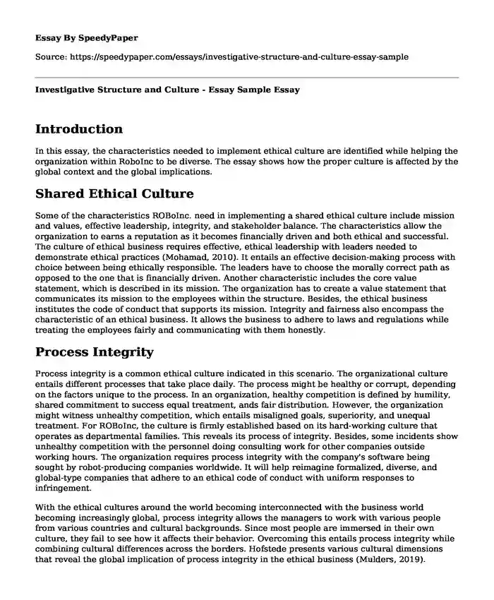 Investigative Structure and Culture - Essay Sample