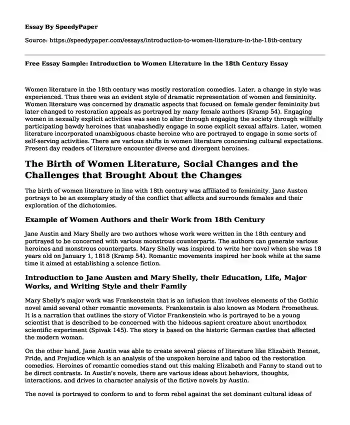 Free Essay Sample: Introduction to Women Literature in the 18th Century