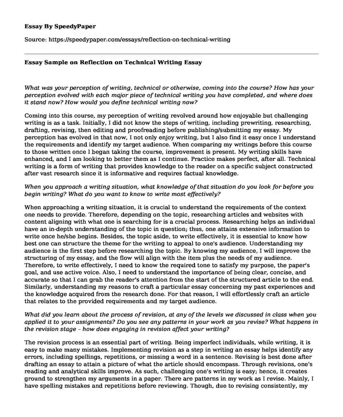 Essay Sample on Reflection on Technical Writing