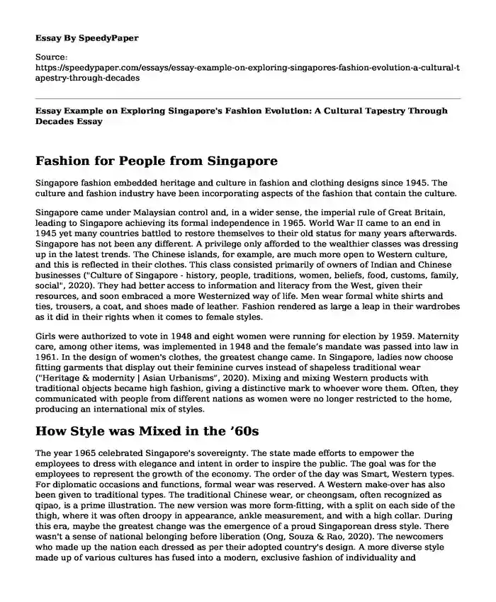 Essay Example on Exploring Singapore's Fashion Evolution: A Cultural Tapestry Through Decades
