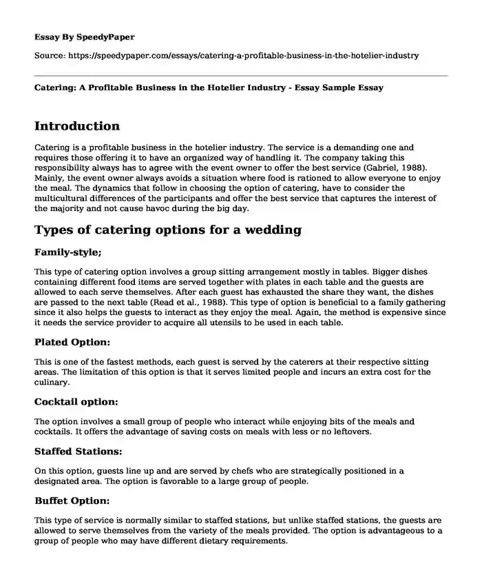 Catering: A Profitable Business in the Hotelier Industry - Essay Sample