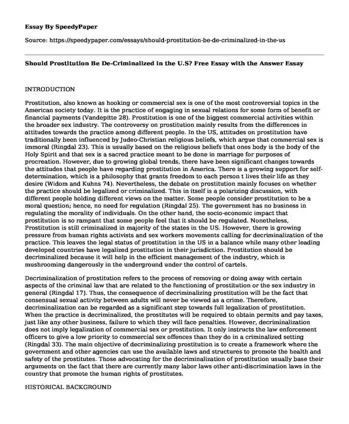 Should Prostitution Be De-Criminalized in the U.S? Free Essay with the Answer