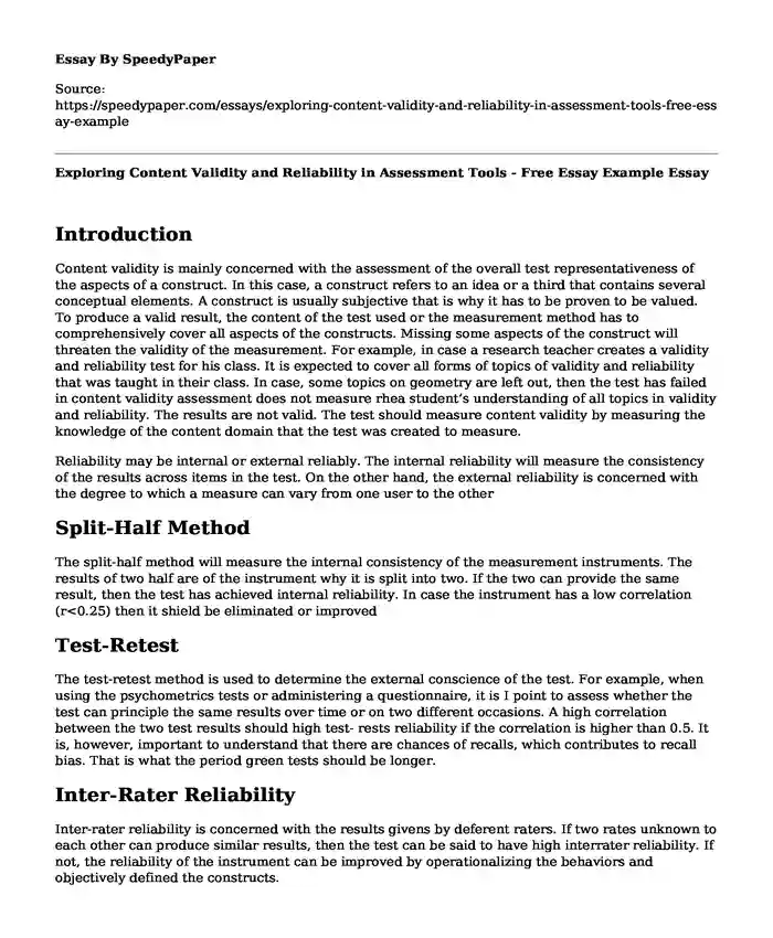 Exploring Content Validity and Reliability in Assessment Tools - Free Essay Example