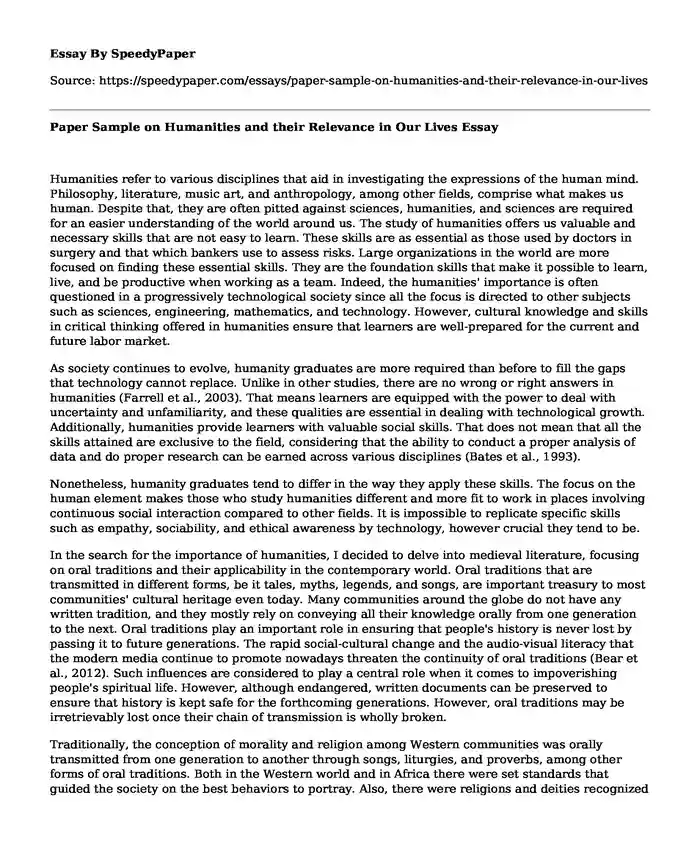 Paper Sample on Humanities and their Relevance in Our Lives