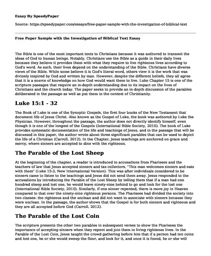 Free Paper Sample with the Investigation of Biblical Text