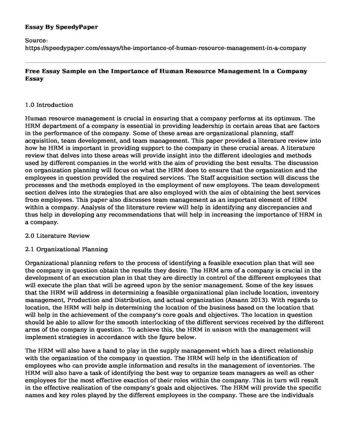 Free Essay Sample on the Importance of Human Resource Management in a Company