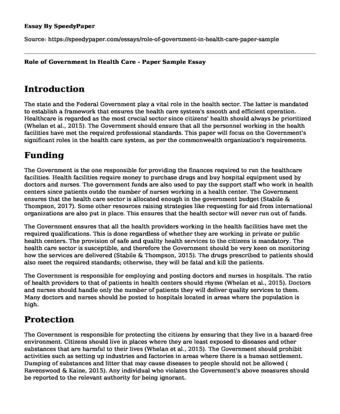 Role of Government in Health Care - Paper Sample