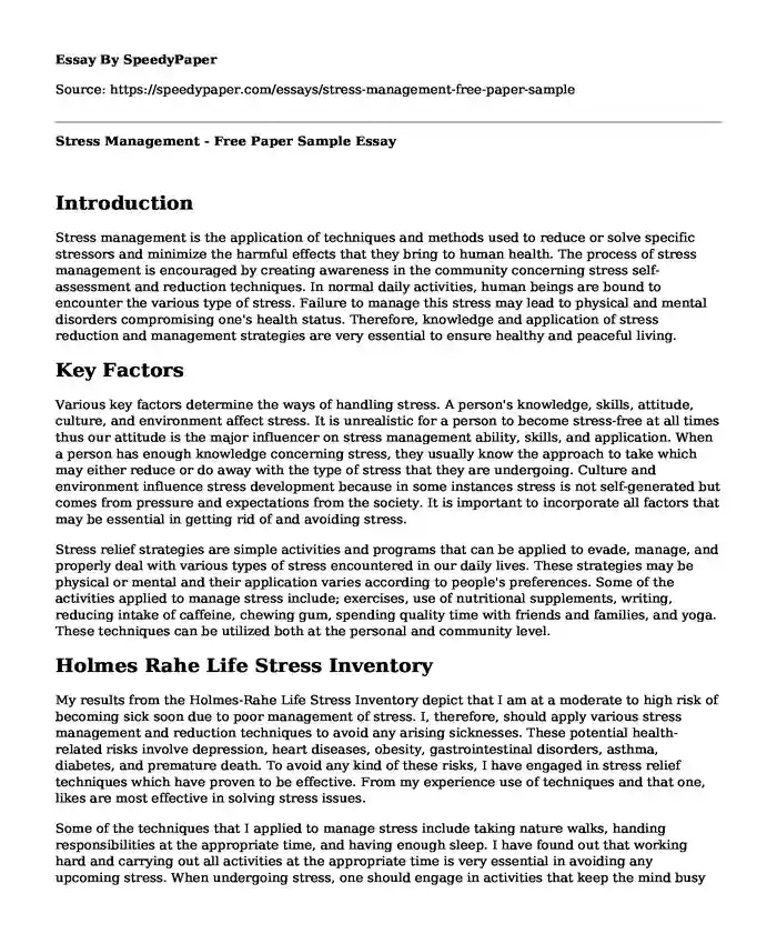 Stress Management - Free Paper Sample