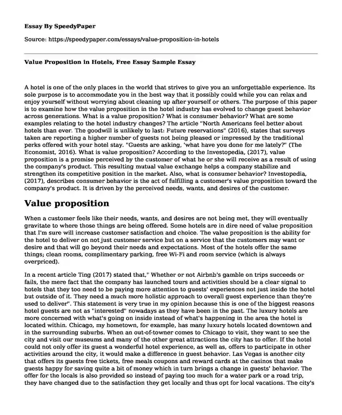 Value Proposition in Hotels, Free Essay Sample