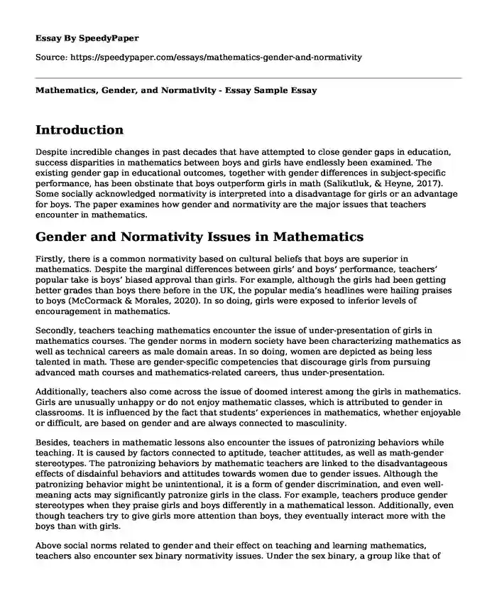 Mathematics, Gender, and Normativity - Essay Sample