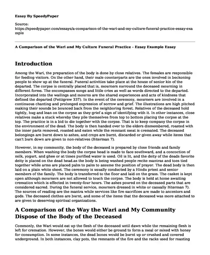 A Comparison of the Wari and My Culture Funeral Practice - Essay Example