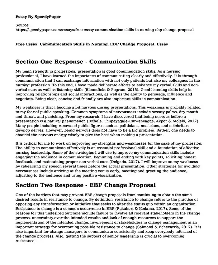 Free Essay: Communication Skills in Nursing. EBP Change Proposal.