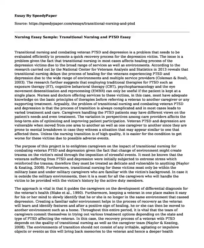 Nursing Essay Sample: Transitional Nursing and PTSD