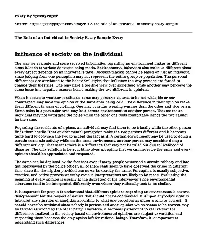 The Role of an Individual in Society Essay Sample