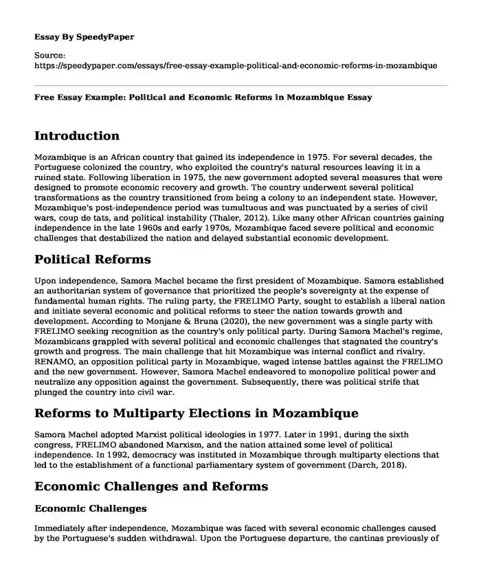 Free Essay Example: Political and Economic Reforms in Mozambique