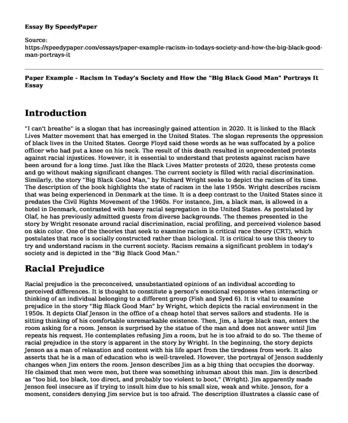 Paper Example - Racism in Today's Society and How the "Big Black Good Man" Portrays It