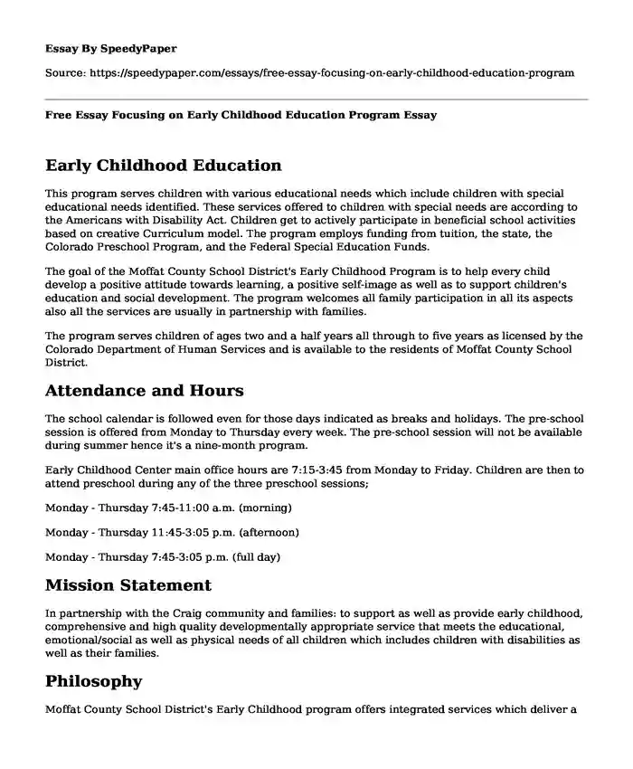 Free Essay Focusing on Early Childhood Education Program