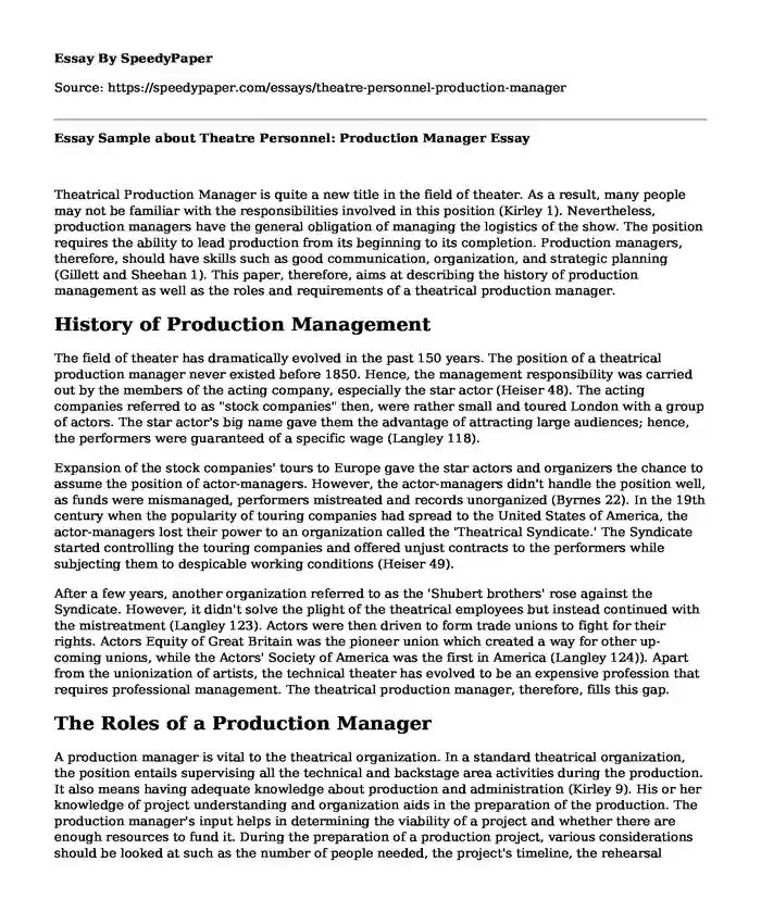 Essay Sample about Theatre Personnel: Production Manager