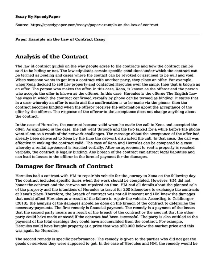 Paper Example on the Law of Contract