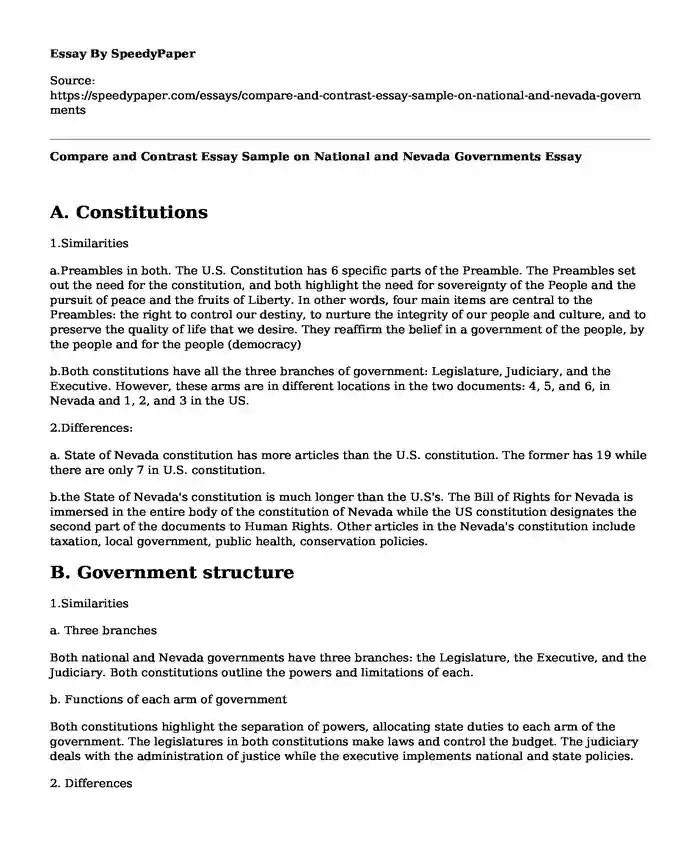 Compare and Contrast Essay Sample on National and Nevada Governments