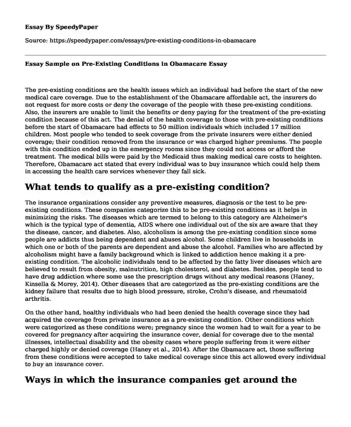 Essay Sample on Pre-Existing Conditions in Obamacare