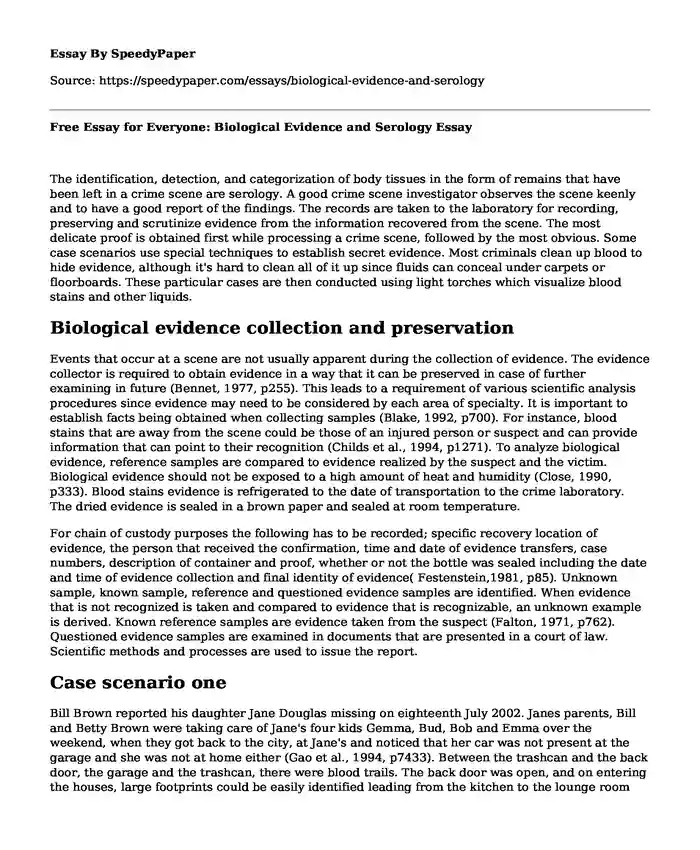 Free Essay for Everyone: Biological Evidence and Serology