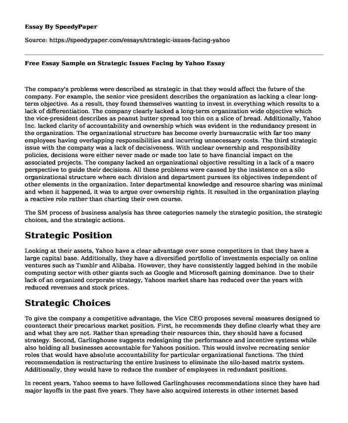 Free Essay Sample on Strategic Issues Facing by Yahoo