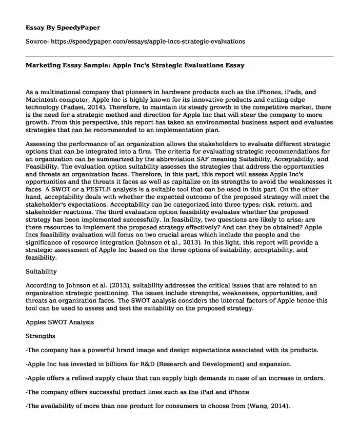 Marketing Essay Sample: Apple Inc's Strategic Evaluations