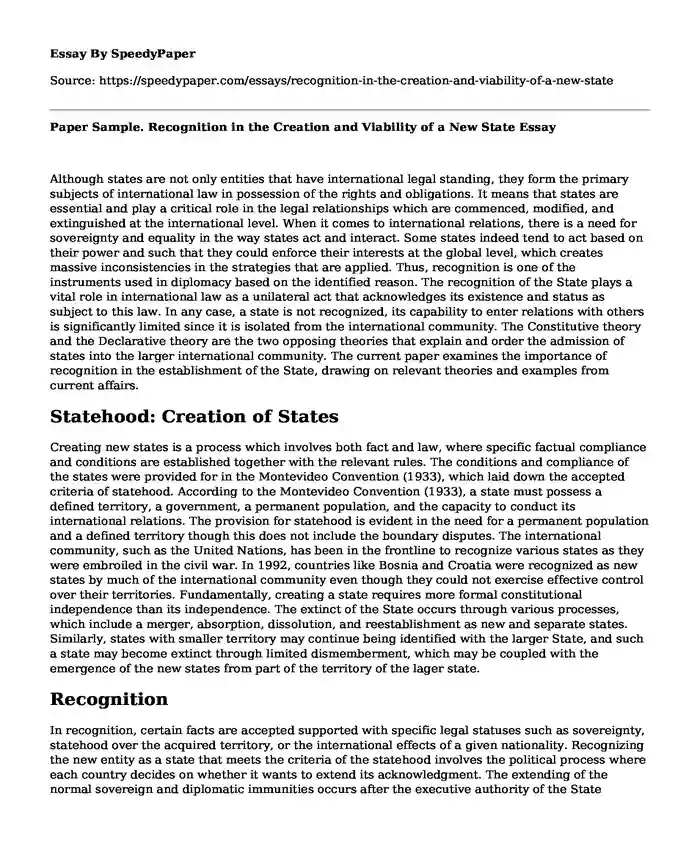 Paper Sample. Recognition in the Creation and Viability of a New State