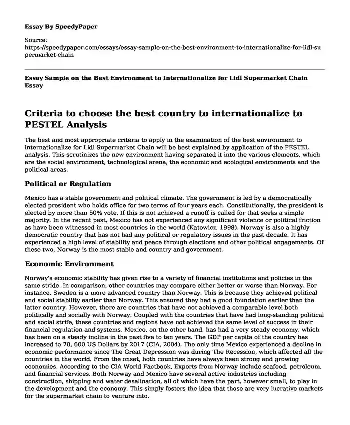 Essay Sample on the Best Environment to Internationalize for Lidl Supermarket Chain
