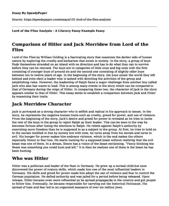 Lord of the Flies Analysis - A Literary Essay Example