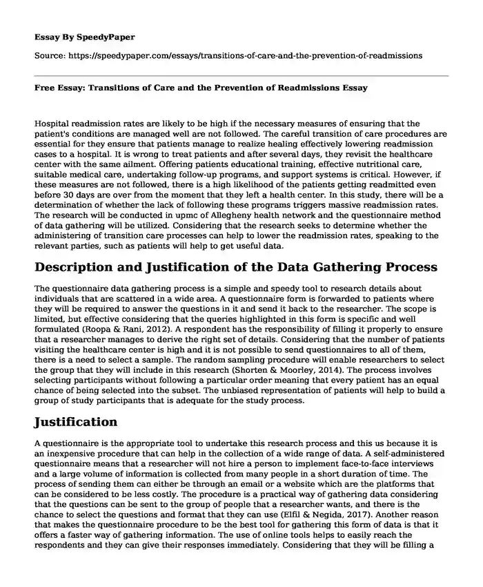 Free Essay: Transitions of Care and the Prevention of Readmissions