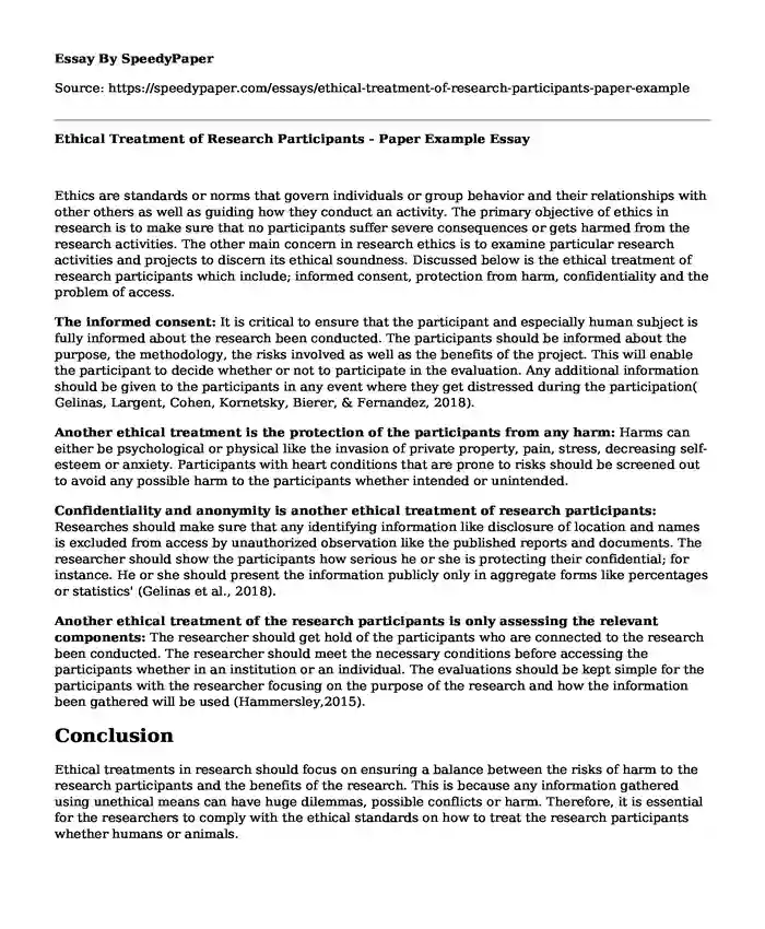 Ethical Treatment of Research Participants - Paper Example