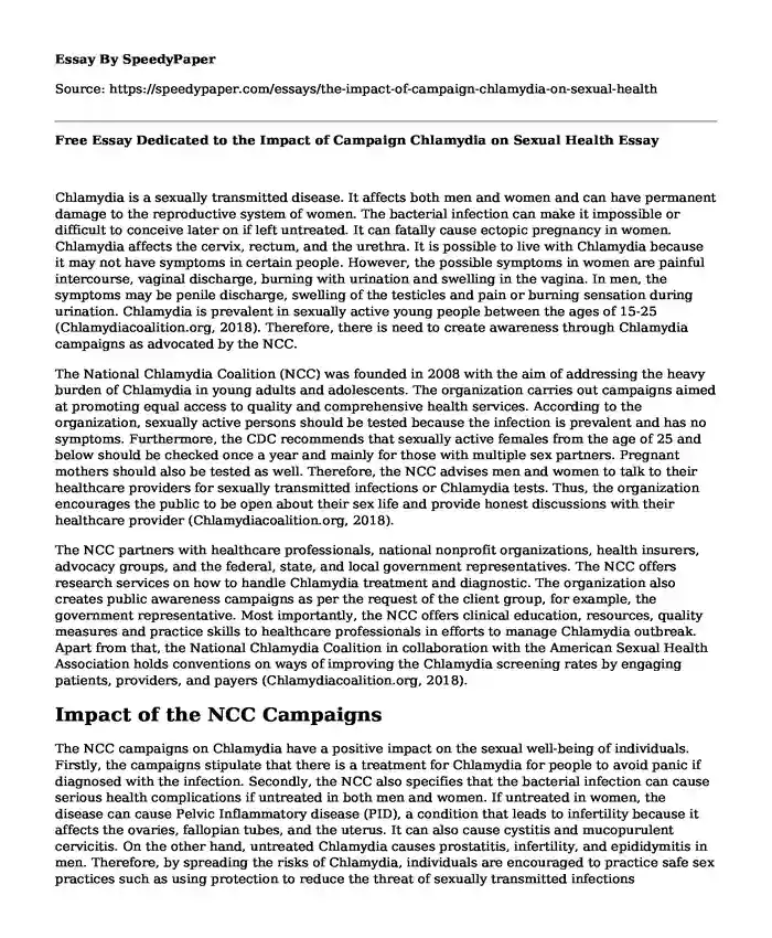 Free Essay Dedicated to the Impact of Campaign Chlamydia on Sexual Health