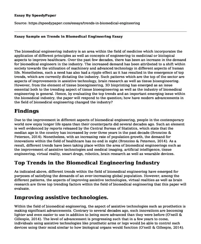 Essay Sample on Trends in Biomedical Engineering