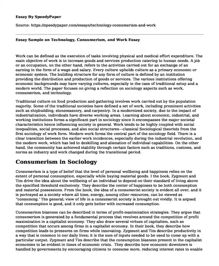 Essay Sample on Technology, Consumerism, and Work