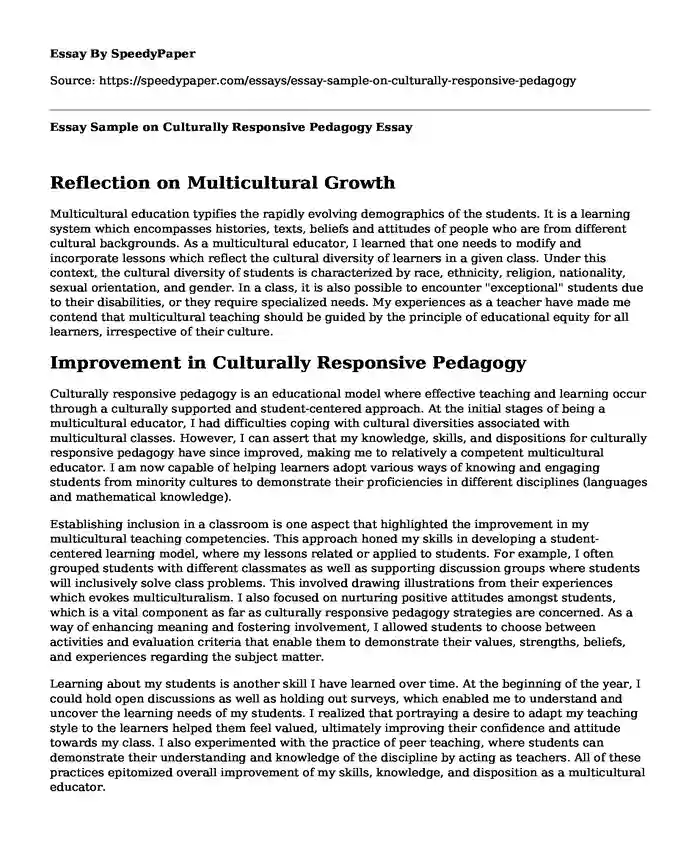 Essay Sample on Culturally Responsive Pedagogy
