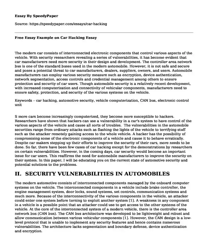 Free Essay Example on Car Hacking