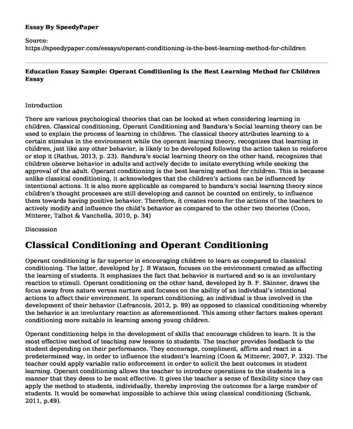 Education Essay Sample: Operant Conditioning Is the Best Learning Method for Children