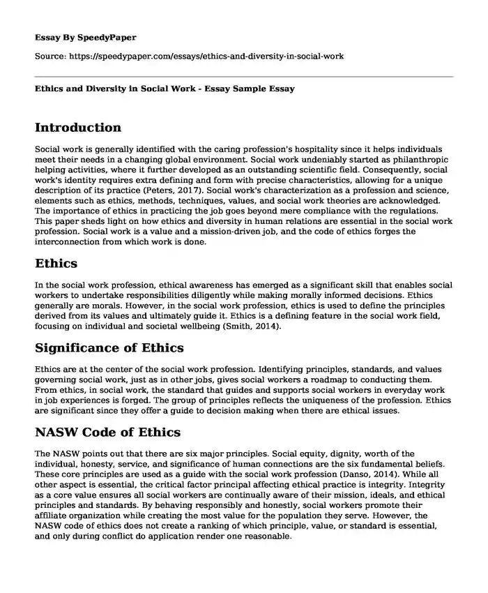 Ethics and Diversity in Social Work - Essay Sample
