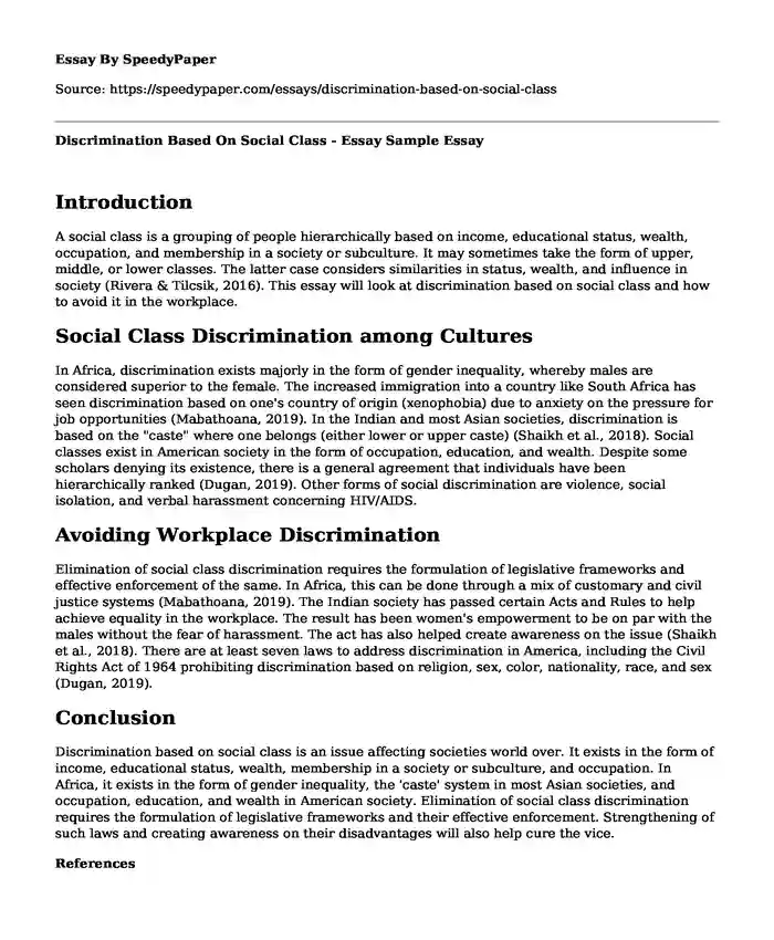 Discrimination Based On Social Class - Essay Sample