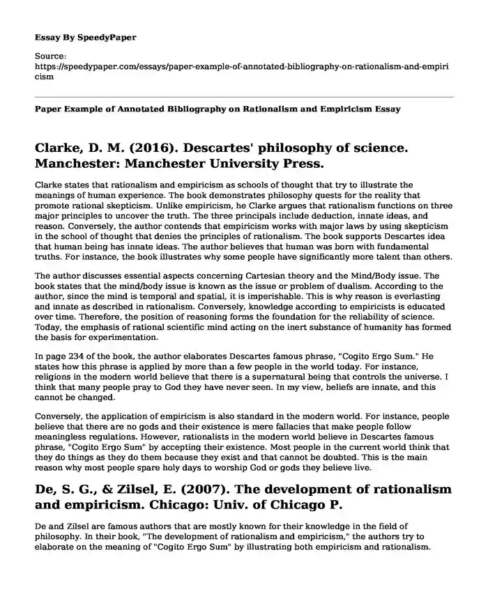 Paper Example of Annotated Bibliography on Rationalism and Empiricism