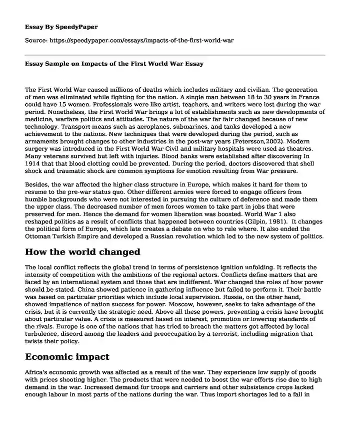 Essay Sample on Impacts of the First World War