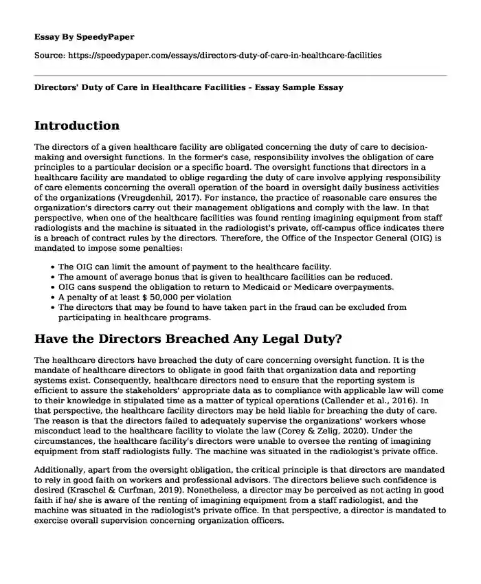 Directors' Duty of Care in Healthcare Facilities - Essay Sample