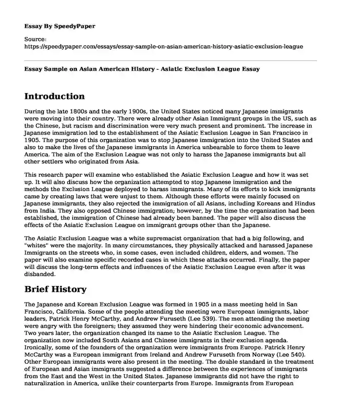 Essay Sample on Asian American History - Asiatic Exclusion League