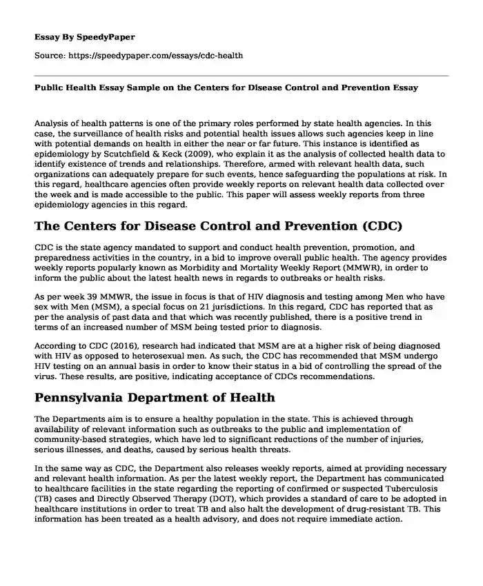 Public Health Essay Sample on the Centers for Disease Control and Prevention