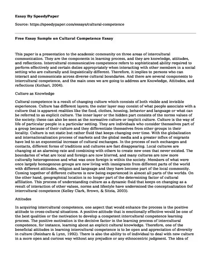 Free Essay Sample on Cultural Competence