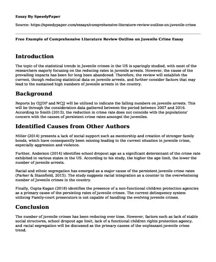 Free Example of Comprehensive Literature Review Outline on Juvenile Crime