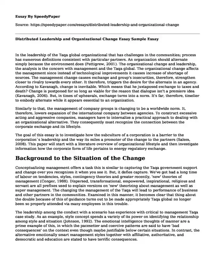 Distributed Leadership and Organizational Change Essay Sample